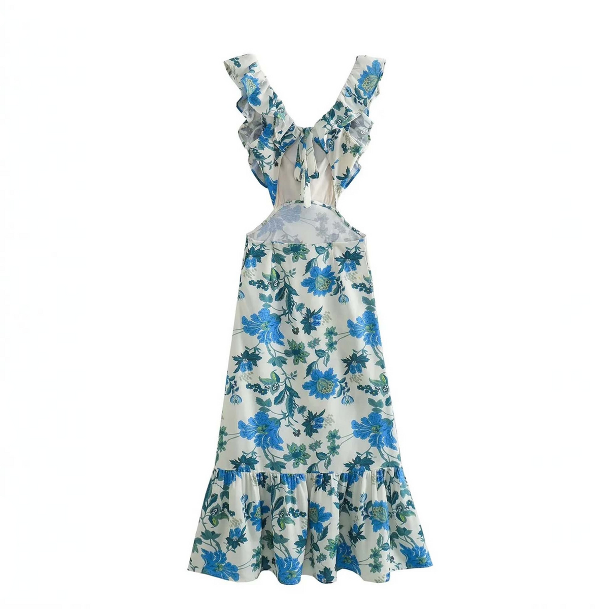 Sleeveless Maxi Dress with Ruffle Straps and V-Neck, Cotton-Blend A-Line Silhouette