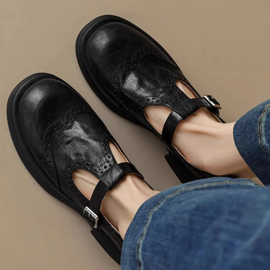 Womens Leather T-Strap Shoes with Cushioned Insole and Adjustable Buckle, Low Heel