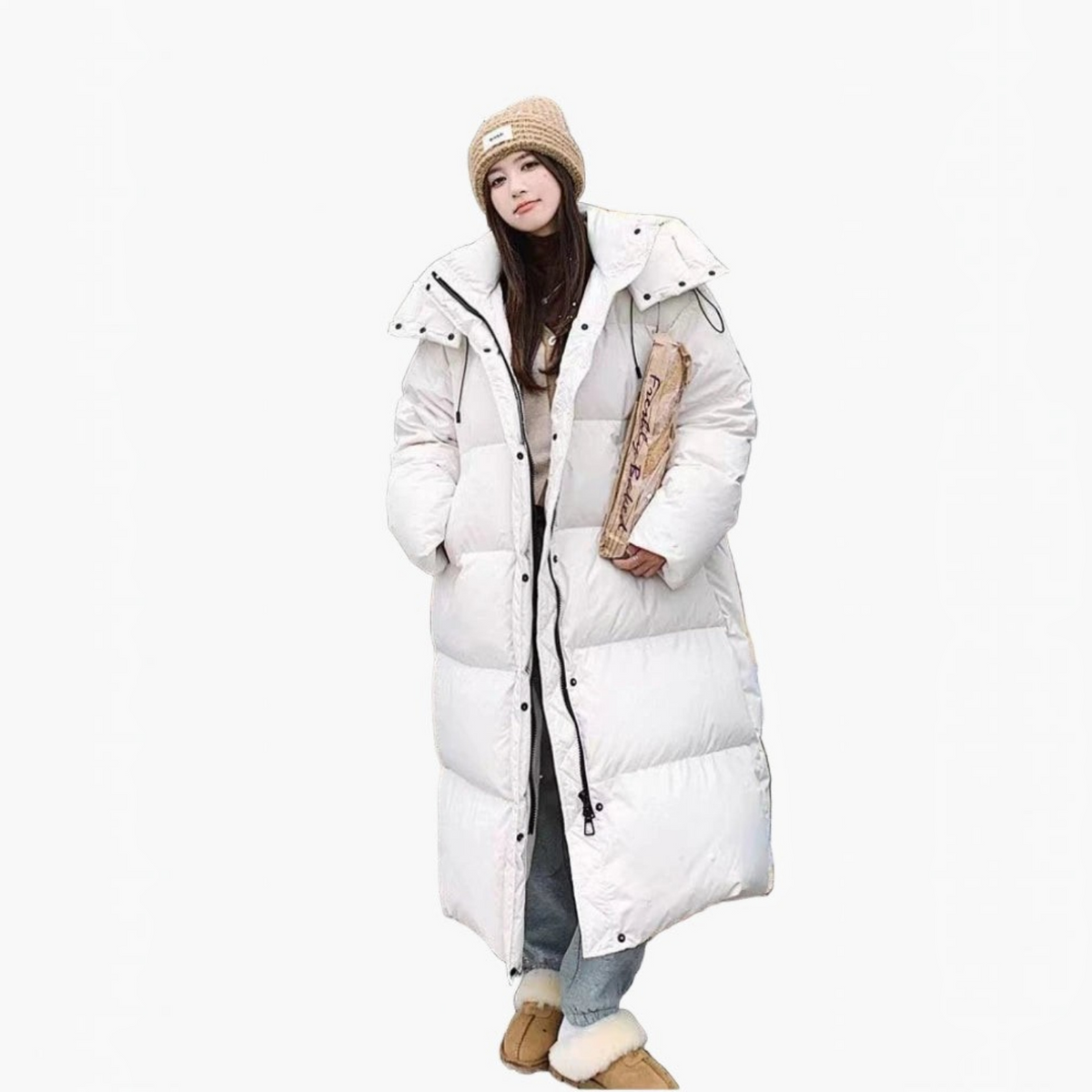 Long Quilted Puffer Coat for Women with Padded Hood and Side Pockets, Relaxed Fit