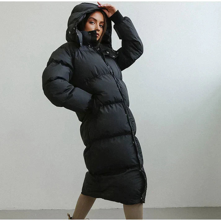 Womens Quilted Puffer Coat with Adjustable Hood and Side Pockets