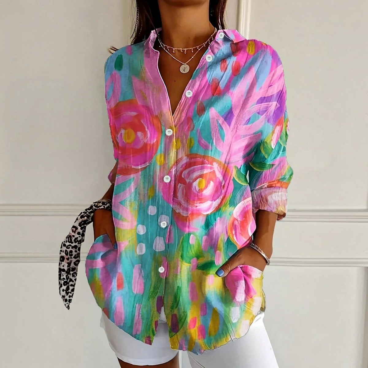 Relaxed Fit Blouse with Vibrant All-Over Print and Long Sleeves