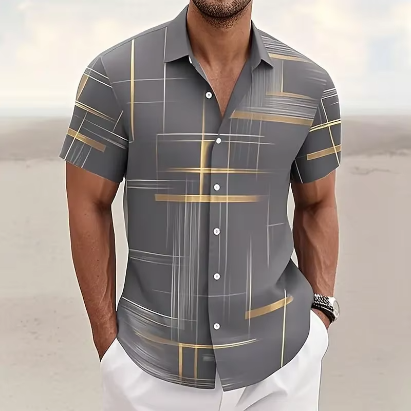 Geometric Plaid Button Shirt with Short Sleeves and Polyester Blend