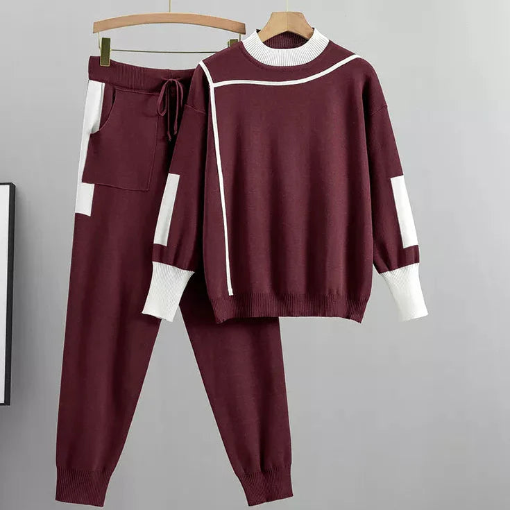 Womens Lounge Set with Soft Knit Sweater and Drawstring Jogger Pants, Contrast Trim
