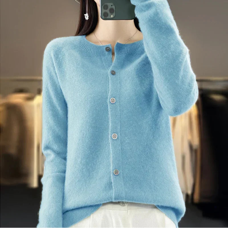 Button Front Cardigan with Round Neckline and Long Sleeves for Women