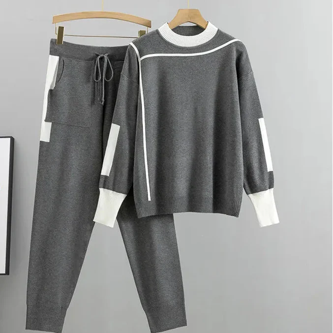 Womens Lounge Set with Soft Knit Sweater and Drawstring Jogger Pants, Contrast Trim