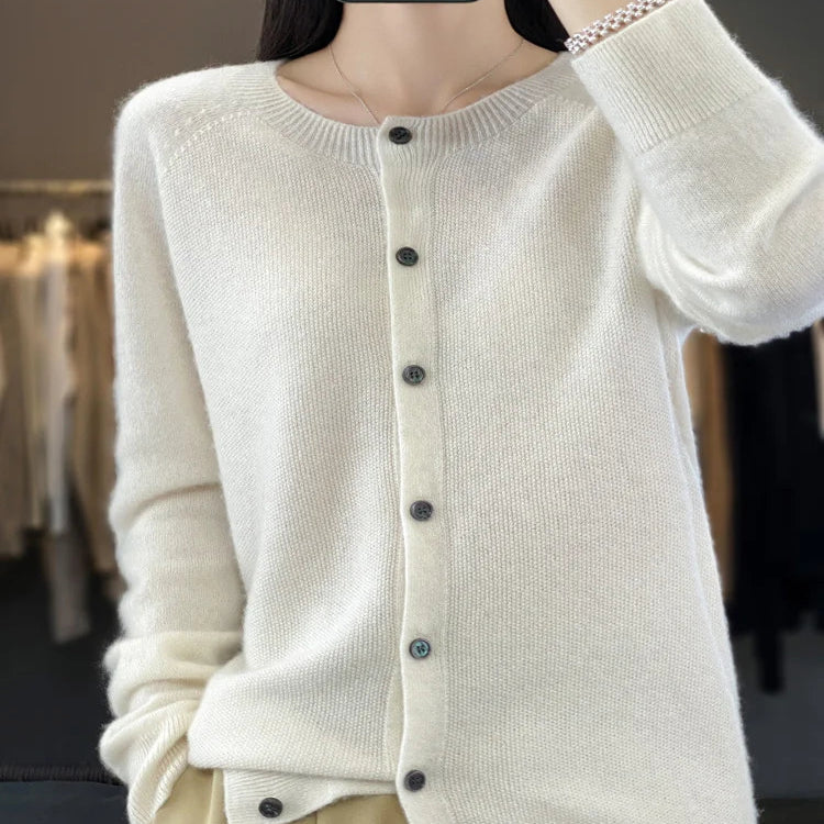 Button Front Cardigan with Round Neckline and Long Sleeves for Women