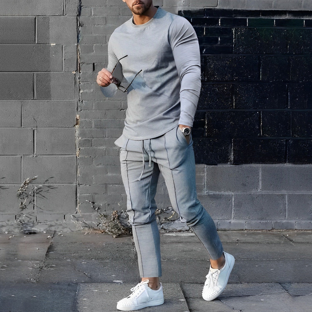 Mens Two-Piece Loungewear Set with Long-Sleeve Top and Jogger Pants, Relaxed Fit