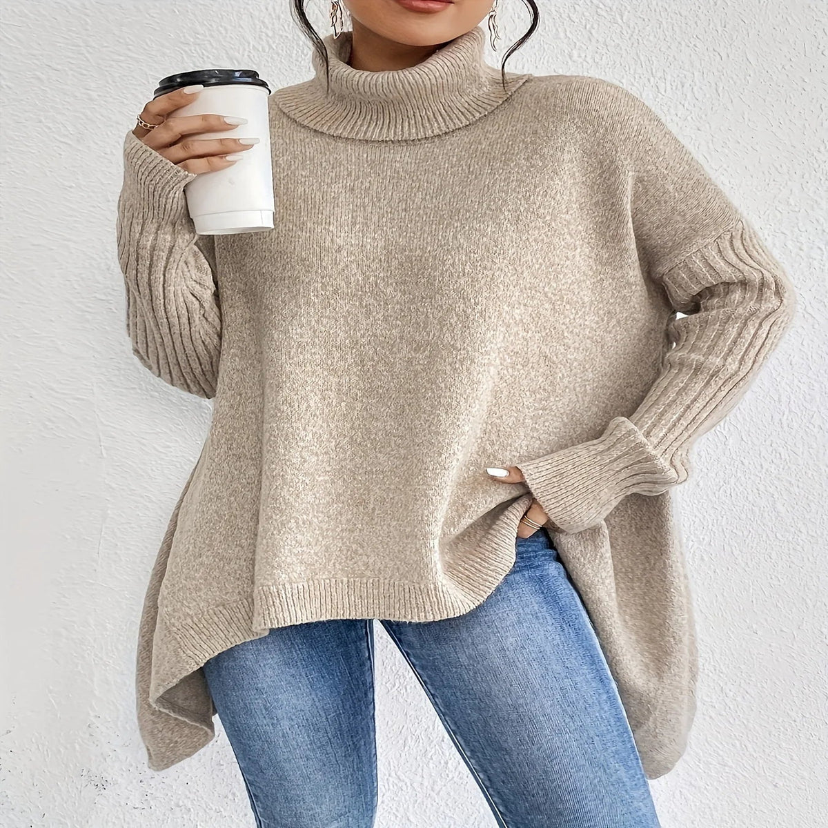 Cashmere Turtleneck Sweater with Oversized Fit and Folded Neckline - Soft Blend