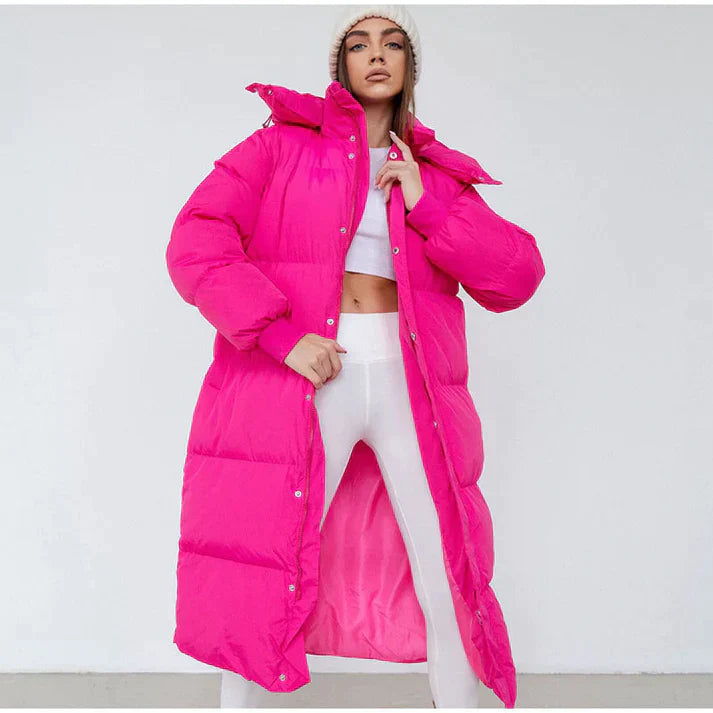 Womens Quilted Puffer Coat with Adjustable Hood and Side Pockets