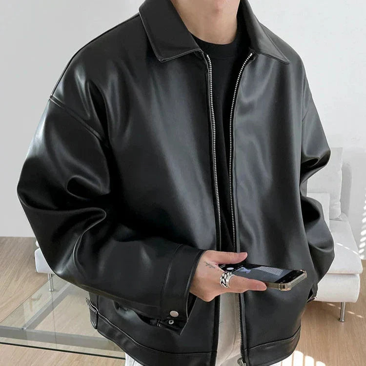 Leather Bomber Jacket with Oversized Relaxed Fit and Multiple Pockets for Men-Smooth Finish
