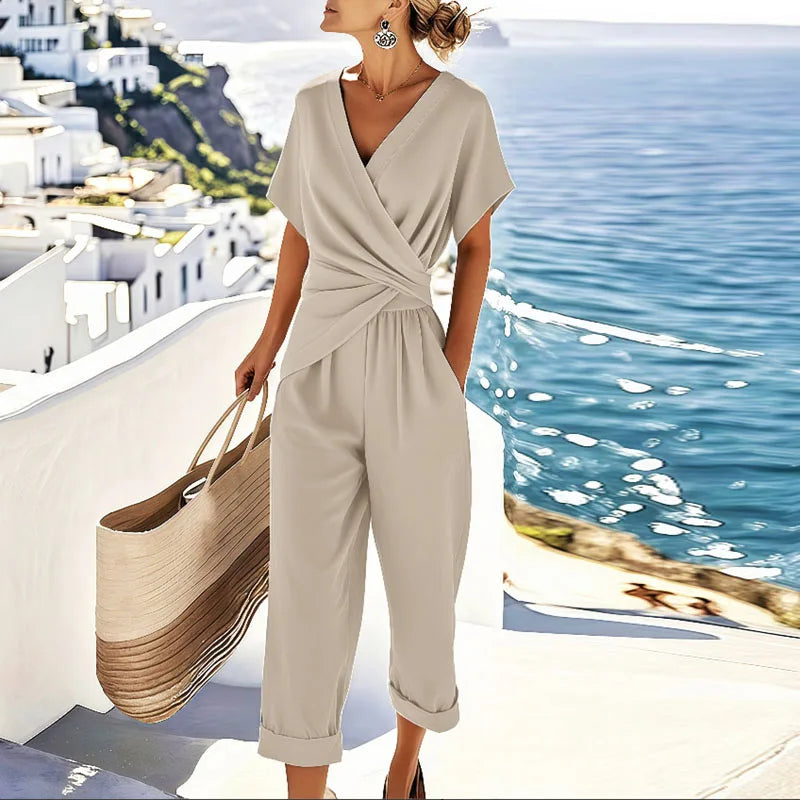 Wrap Front Two-Piece Set with Adjustable Tie and Cropped Trousers, Lightweight Fabric