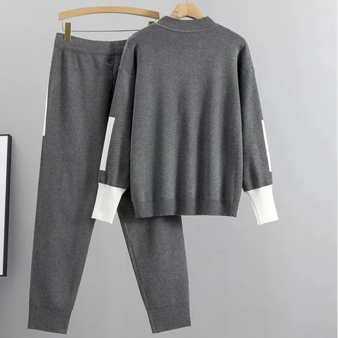 Womens Lounge Set with Soft Knit Sweater and Drawstring Jogger Pants, Contrast Trim