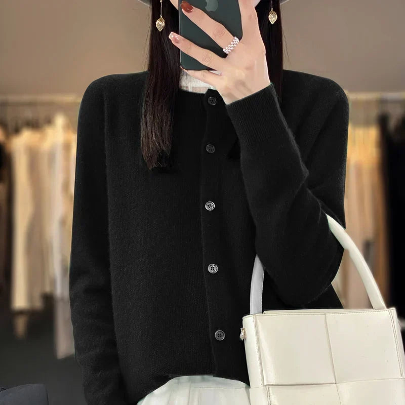 Button Front Cardigan with Round Neckline and Long Sleeves for Women