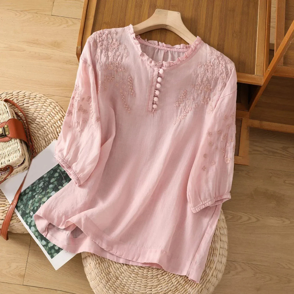 Button-Front Blouse with Embroidered Detail and Lightweight Woven Fabric
