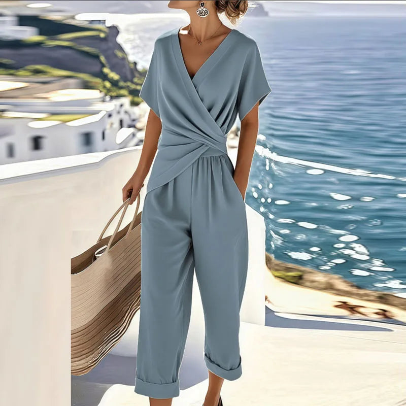 Wrap Front Two-Piece Set with Adjustable Tie and Cropped Trousers, Lightweight Fabric