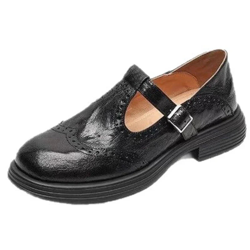 Womens Leather T-Strap Shoes with Cushioned Insole and Adjustable Buckle, Low Heel