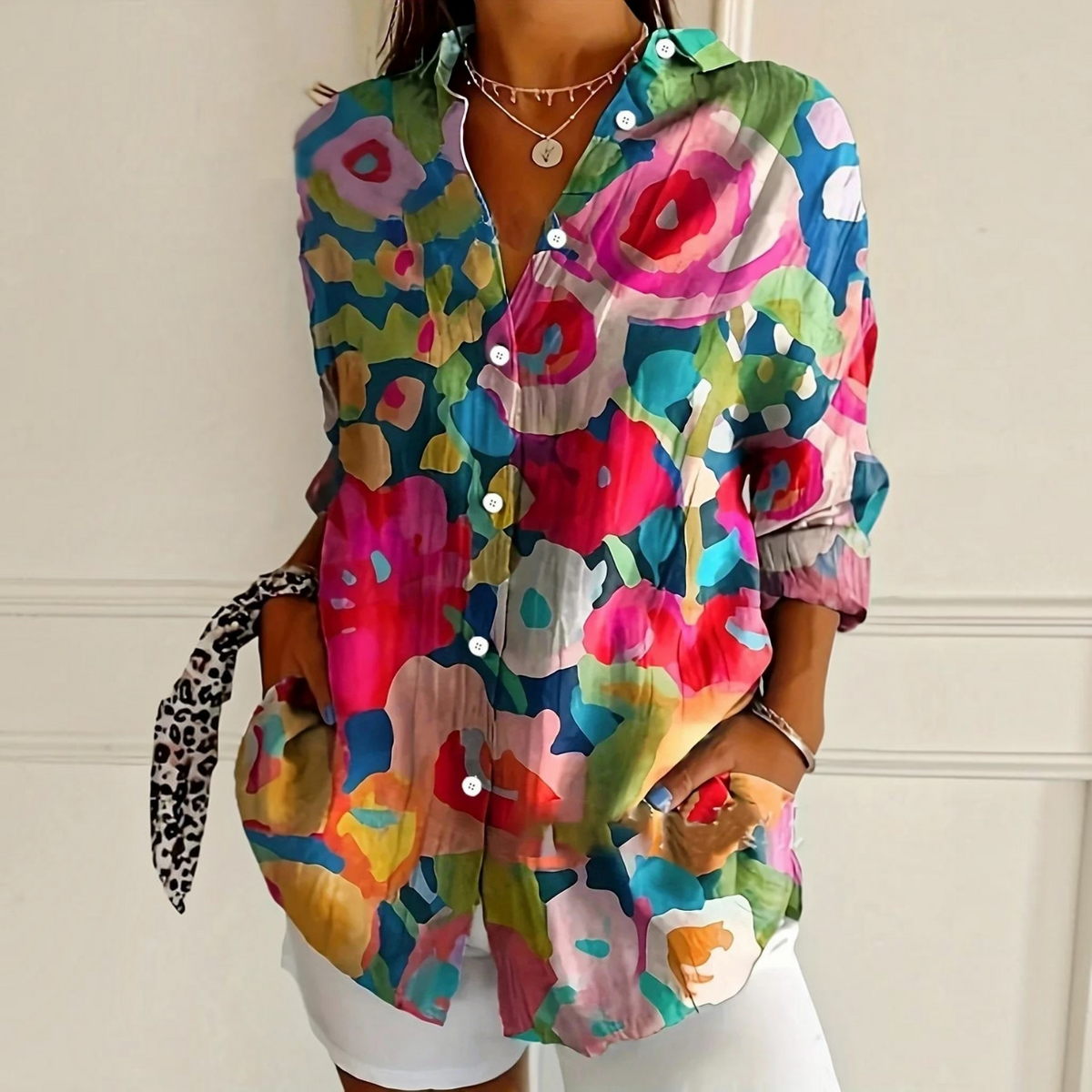 Relaxed Fit Blouse with Vibrant All-Over Print and Long Sleeves