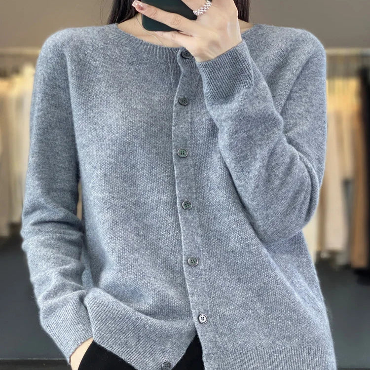 Button Front Cardigan with Round Neckline and Long Sleeves for Women