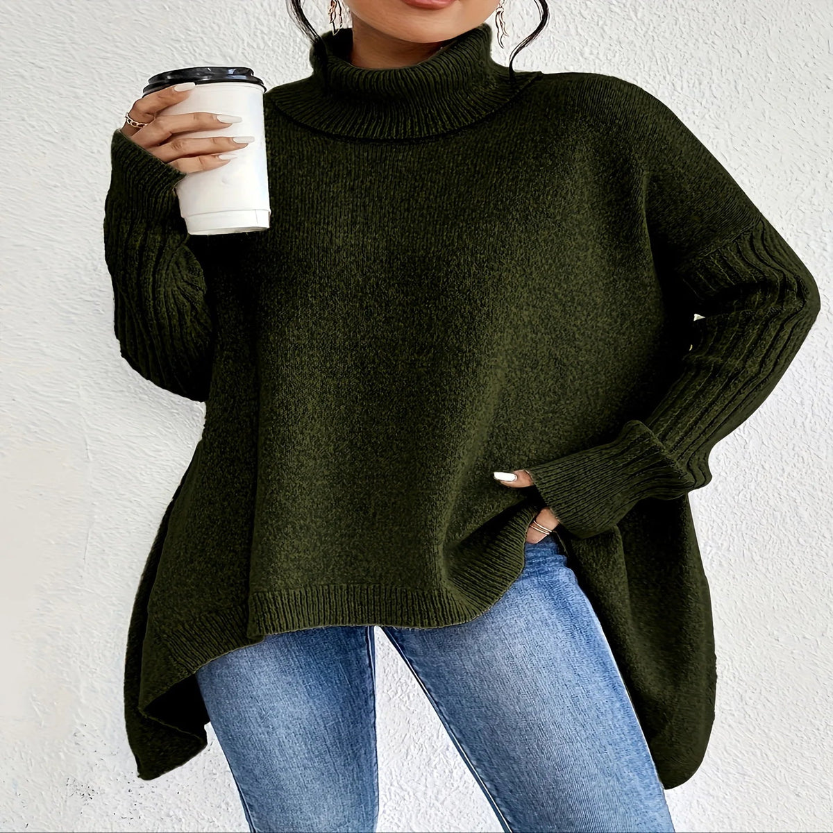 Cashmere Turtleneck Sweater with Oversized Fit and Folded Neckline - Soft Blend