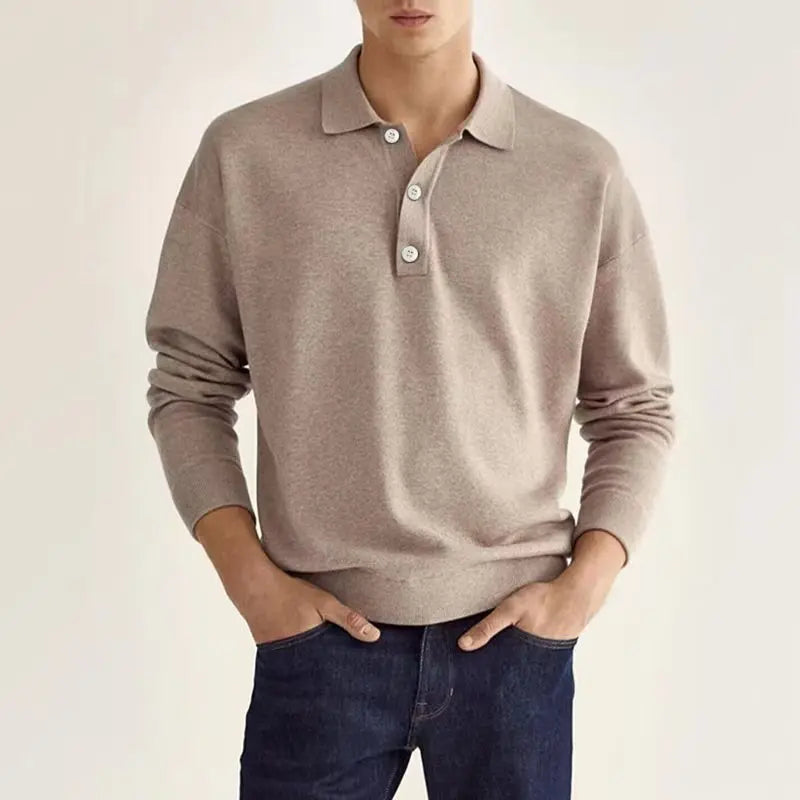 Mens Long Sleeve Polo Shirt with Soft Knit Fabric and Relaxed Fit, Machine Washable