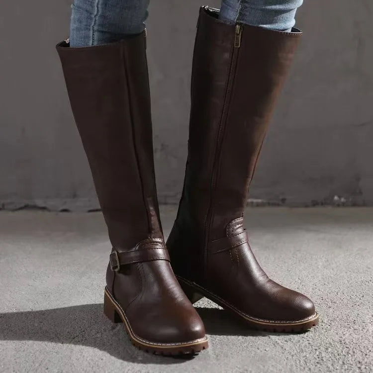 Orthopedic Leather Boots with Removable Insole and Tall Shaft for Women - Rubber Outsole