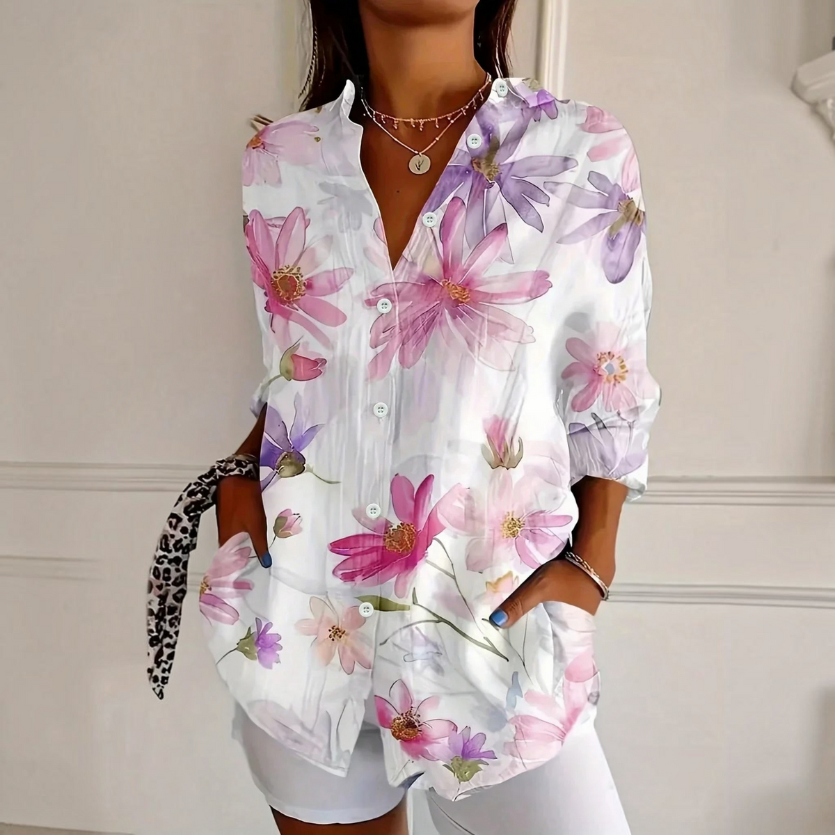 Relaxed Fit Blouse with Vibrant All-Over Print and Long Sleeves
