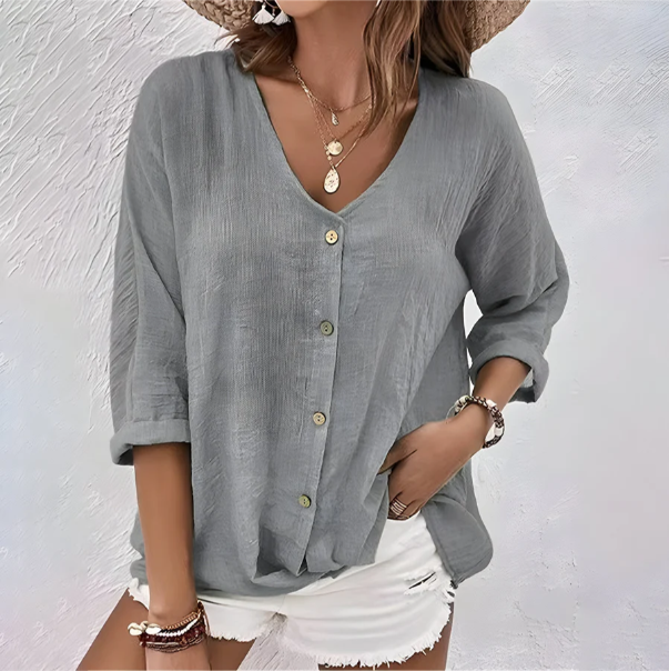Womens Button-Up Blouse with V-Neck and Roll Sleeves, Lightweight Woven Fabric