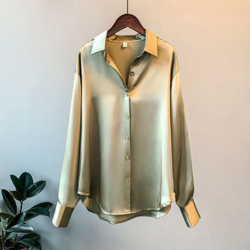 Satin Blouse with Loose Relaxed Fit and Button-Front, Machine Washable