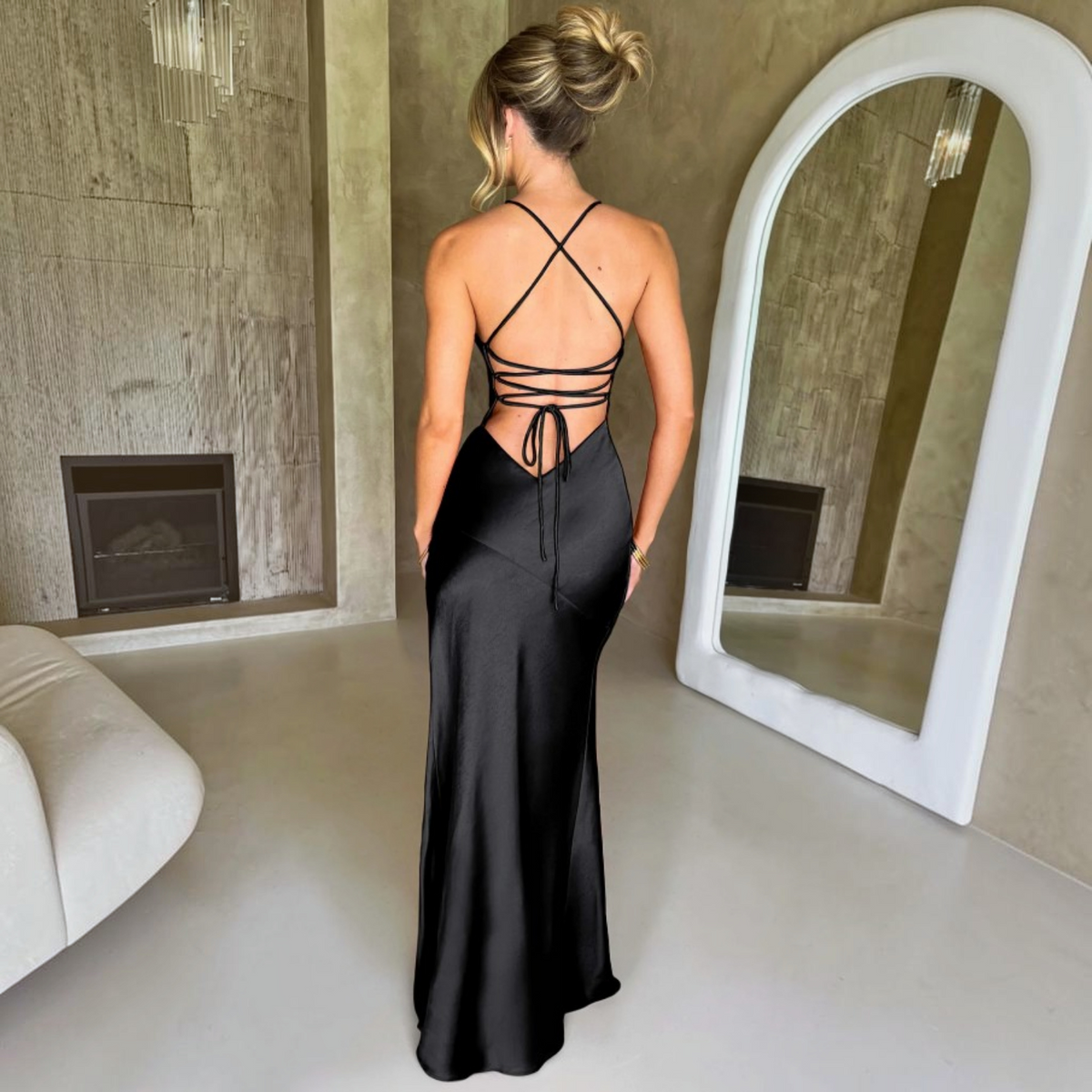 Satin Maxi Dress with V Neck and Spaghetti Straps, Asymmetrical Side Slit