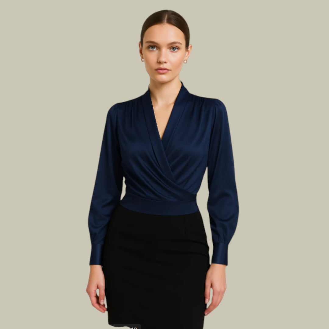 Womens V-Neck Wrap Satin Blouse with Structured Waistband and Long Sleeves
