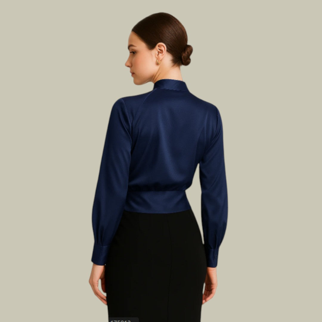 Womens V-Neck Wrap Satin Blouse with Structured Waistband and Long Sleeves