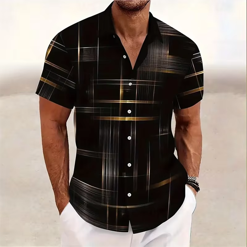 Geometric Plaid Button Shirt with Short Sleeves and Polyester Blend
