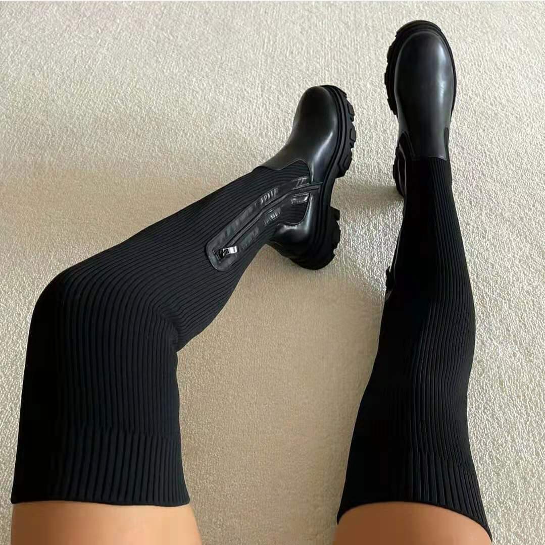 Womens Knee-High Boots with Structured Heel and Side Zip Closure