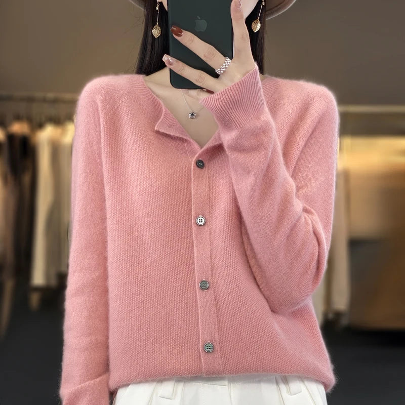 Button Front Cardigan with Round Neckline and Long Sleeves for Women