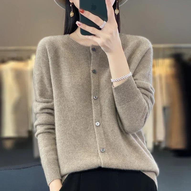 Button Front Cardigan with Round Neckline and Long Sleeves for Women