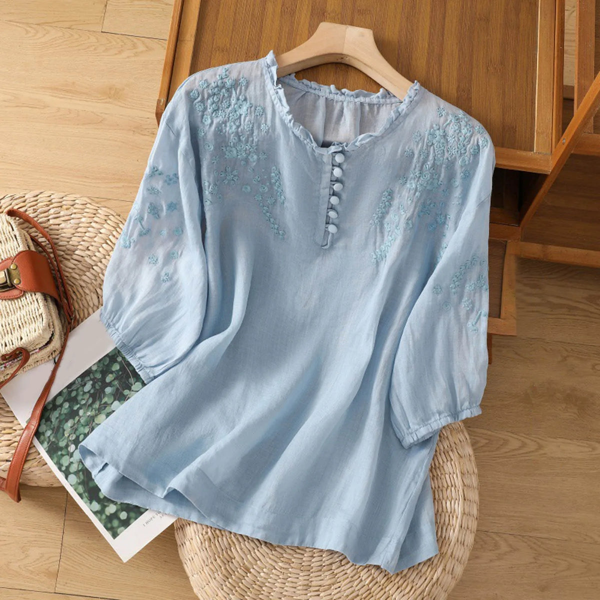Button-Front Blouse with Embroidered Detail and Lightweight Woven Fabric