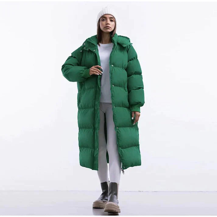 Womens Quilted Puffer Coat with Adjustable Hood and Side Pockets