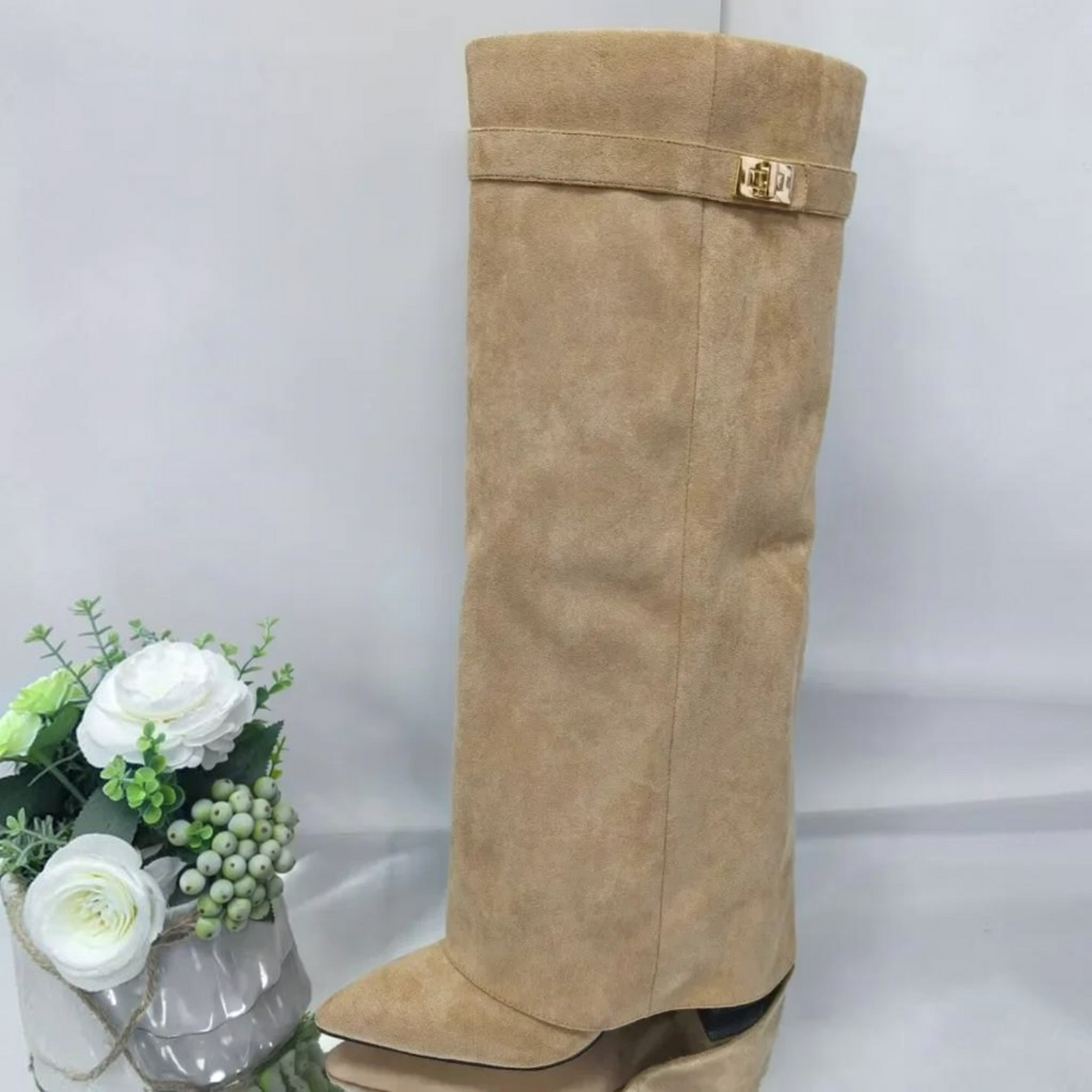 Womens Thigh-High Leather Boots with Adjustable Buckle and Low Block Heel