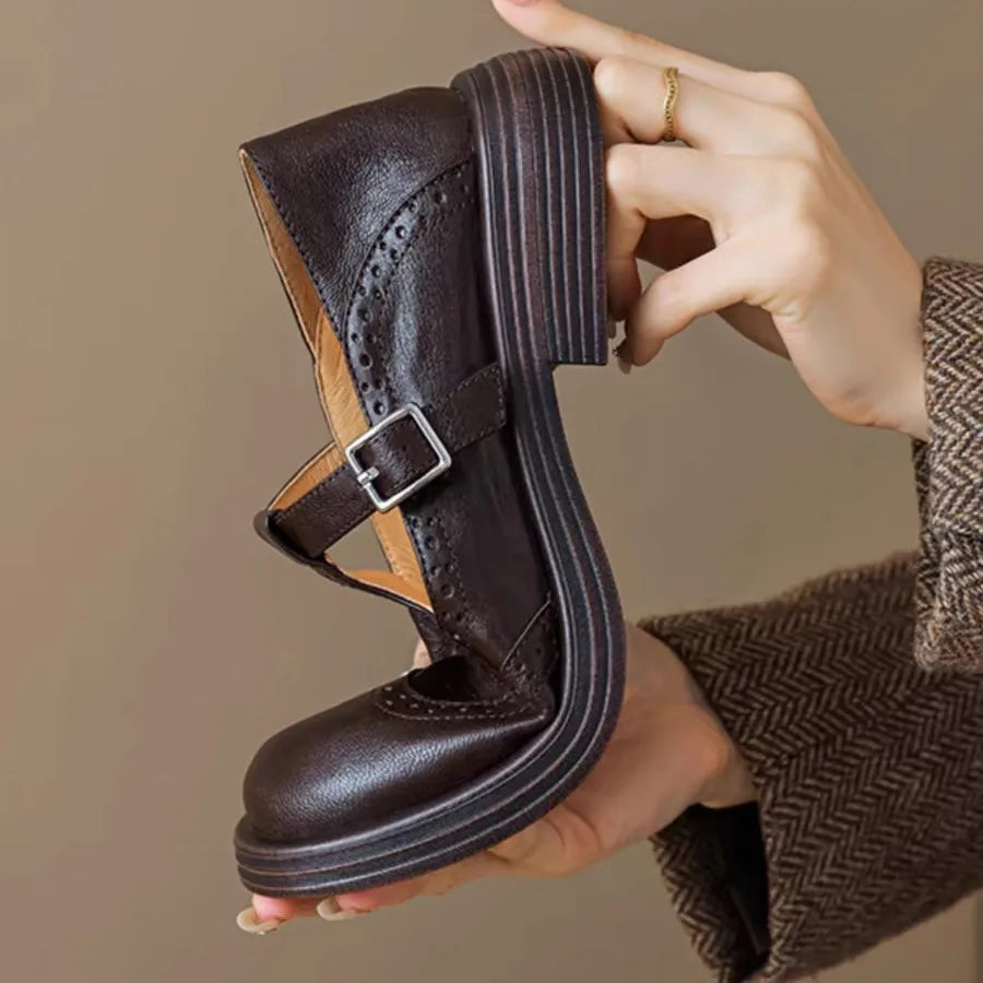 Womens Leather T-Strap Shoes with Cushioned Insole and Adjustable Buckle, Low Heel