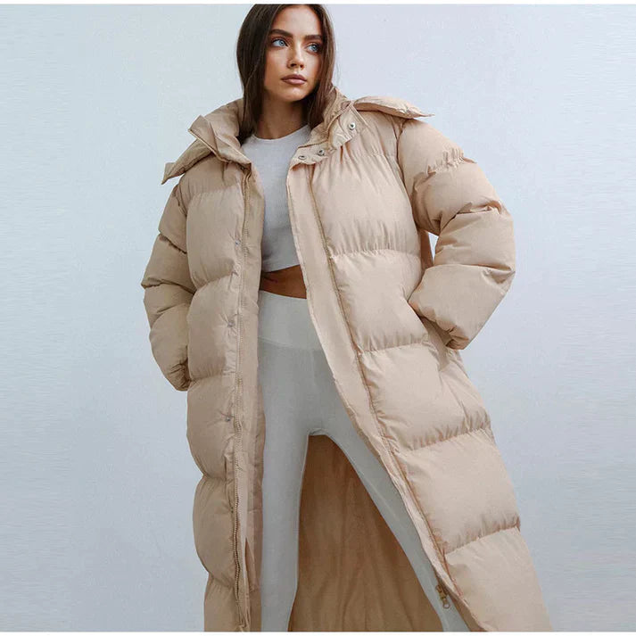 Womens Quilted Puffer Coat with Adjustable Hood and Side Pockets