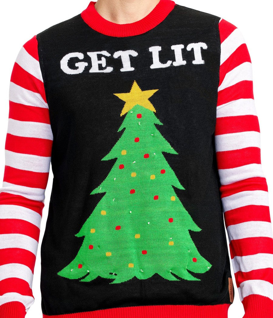 Mens Light Up Christmas Sweater with Battery Powered Tree Design and Candy Cane Stripes