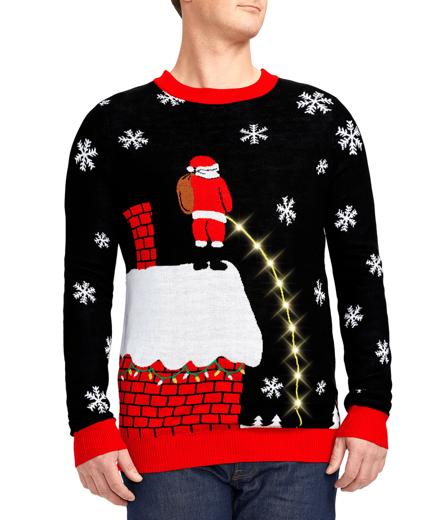 Mens Light Up Holiday Sweater with Rooftop Graphic and Battery Pack