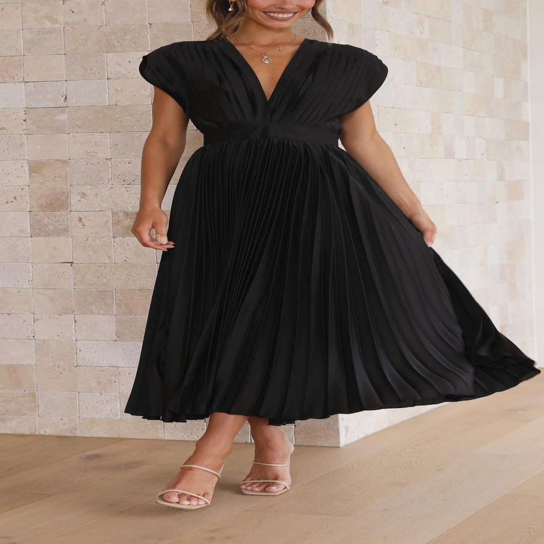 Pleated Maxi Dress with Draped V-Neck and High Waist-Lightweight Breathable Fabric