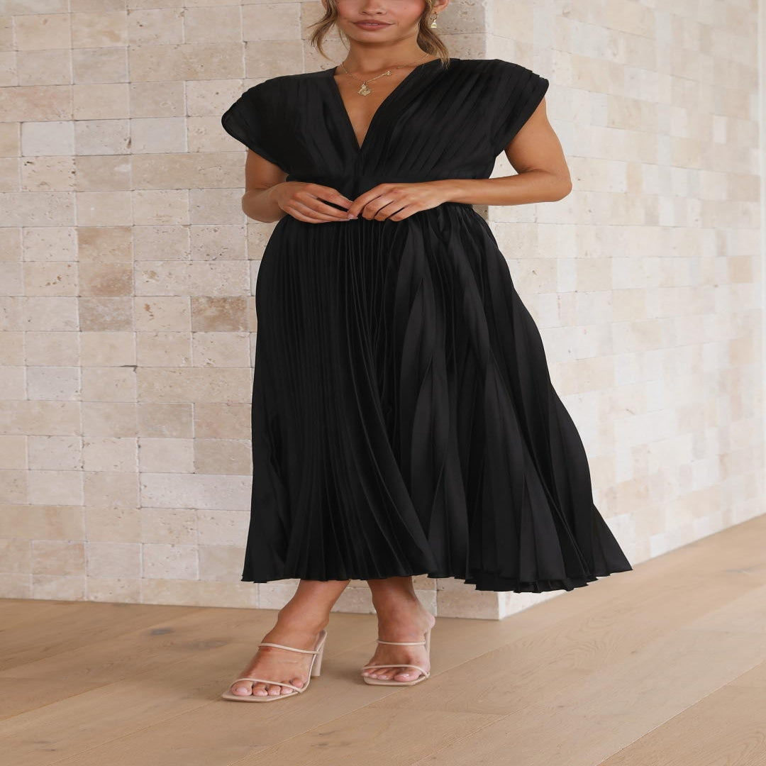 Pleated Maxi Dress with Draped V-Neck and High Waist-Lightweight Breathable Fabric