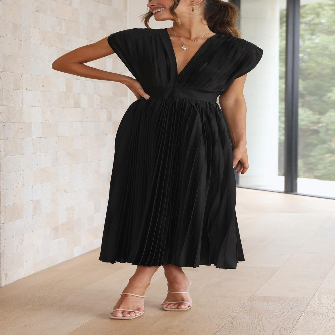 Pleated Maxi Dress with Draped V-Neck and High Waist-Lightweight Breathable Fabric