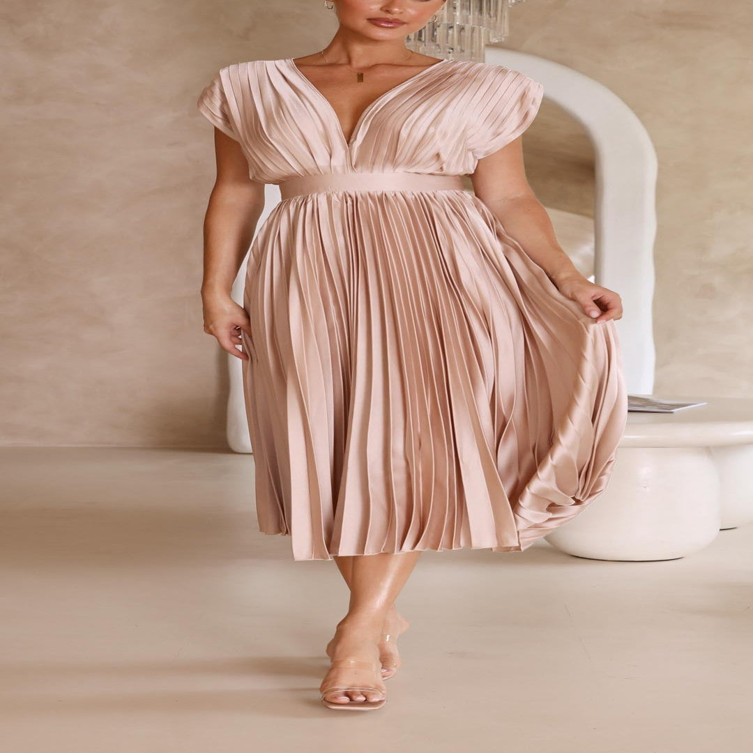 Pleated Maxi Dress with Draped V-Neck and High Waist-Lightweight Breathable Fabric