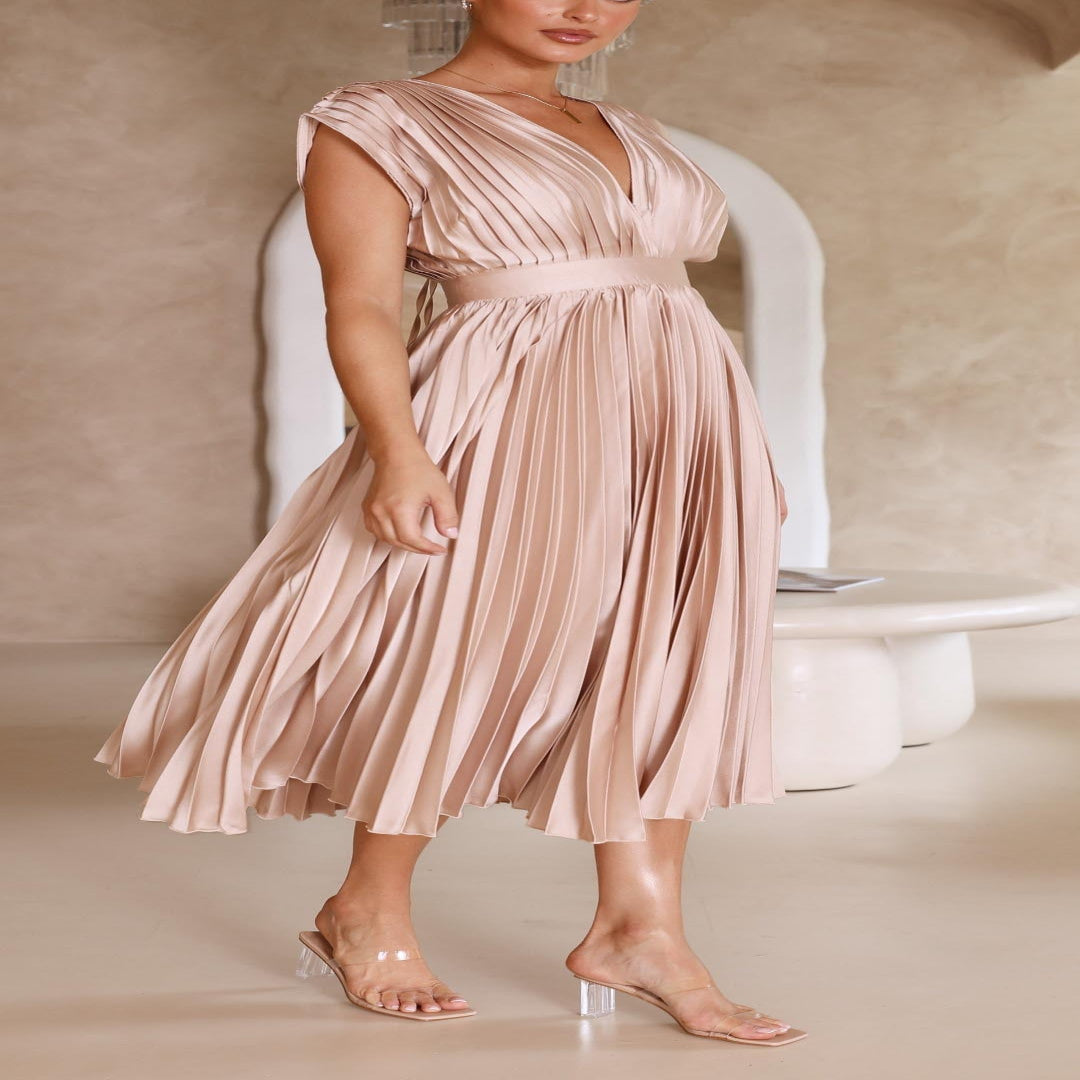 Pleated Maxi Dress with Draped V-Neck and High Waist-Lightweight Breathable Fabric