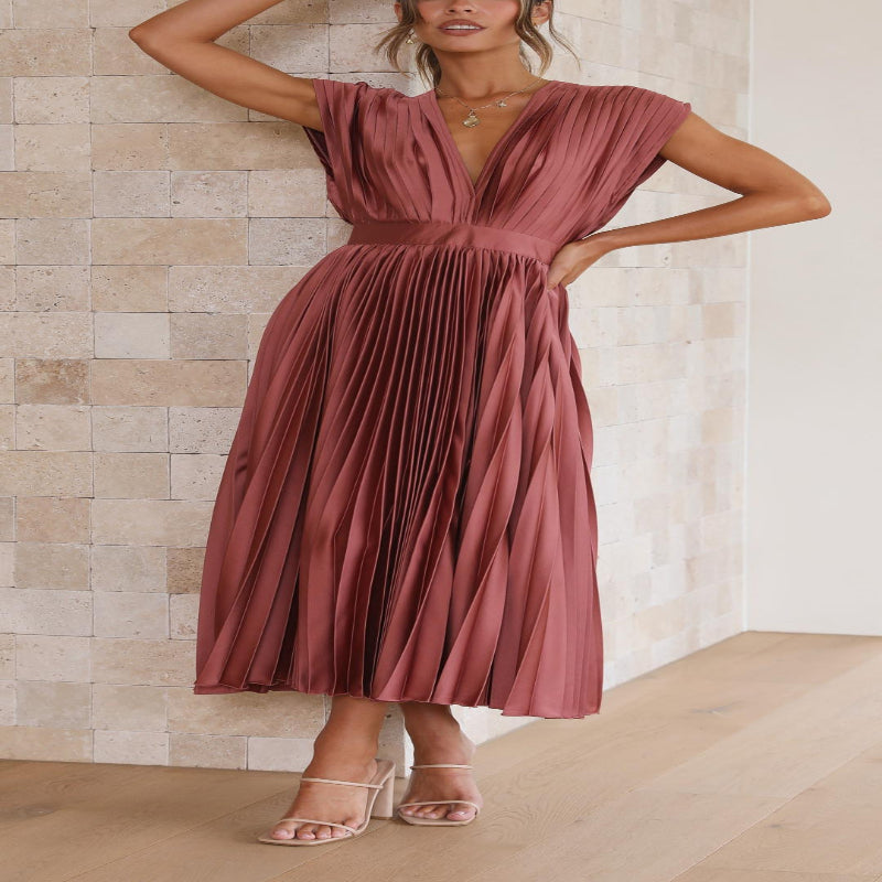 Pleated Maxi Dress with Draped V-Neck and High Waist-Lightweight Breathable Fabric