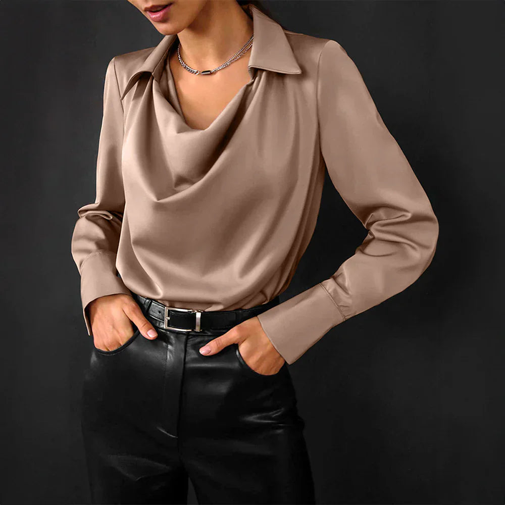 Womens Satin Blouse with Draped Neck and Long Sleeves, Tailored Regular Fit
