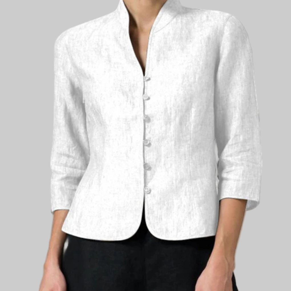 Womens Chambray Blouse with Stand Collar and Three Quarter Sleeves, Button Front